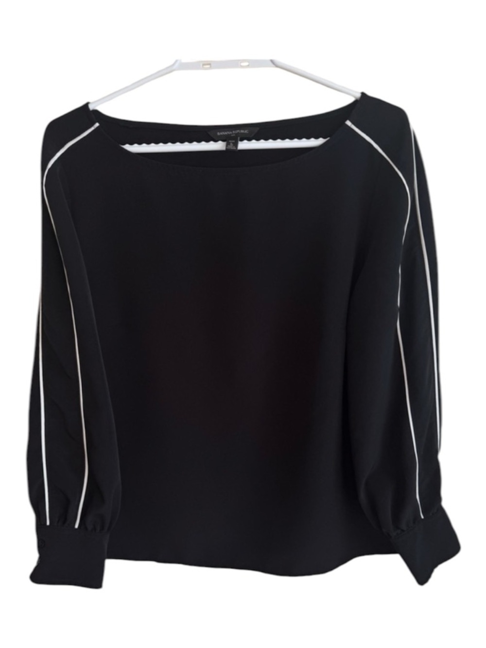 Banana Republic Black Blouse White Piping Trim Balloon Sleeve Top Size Large